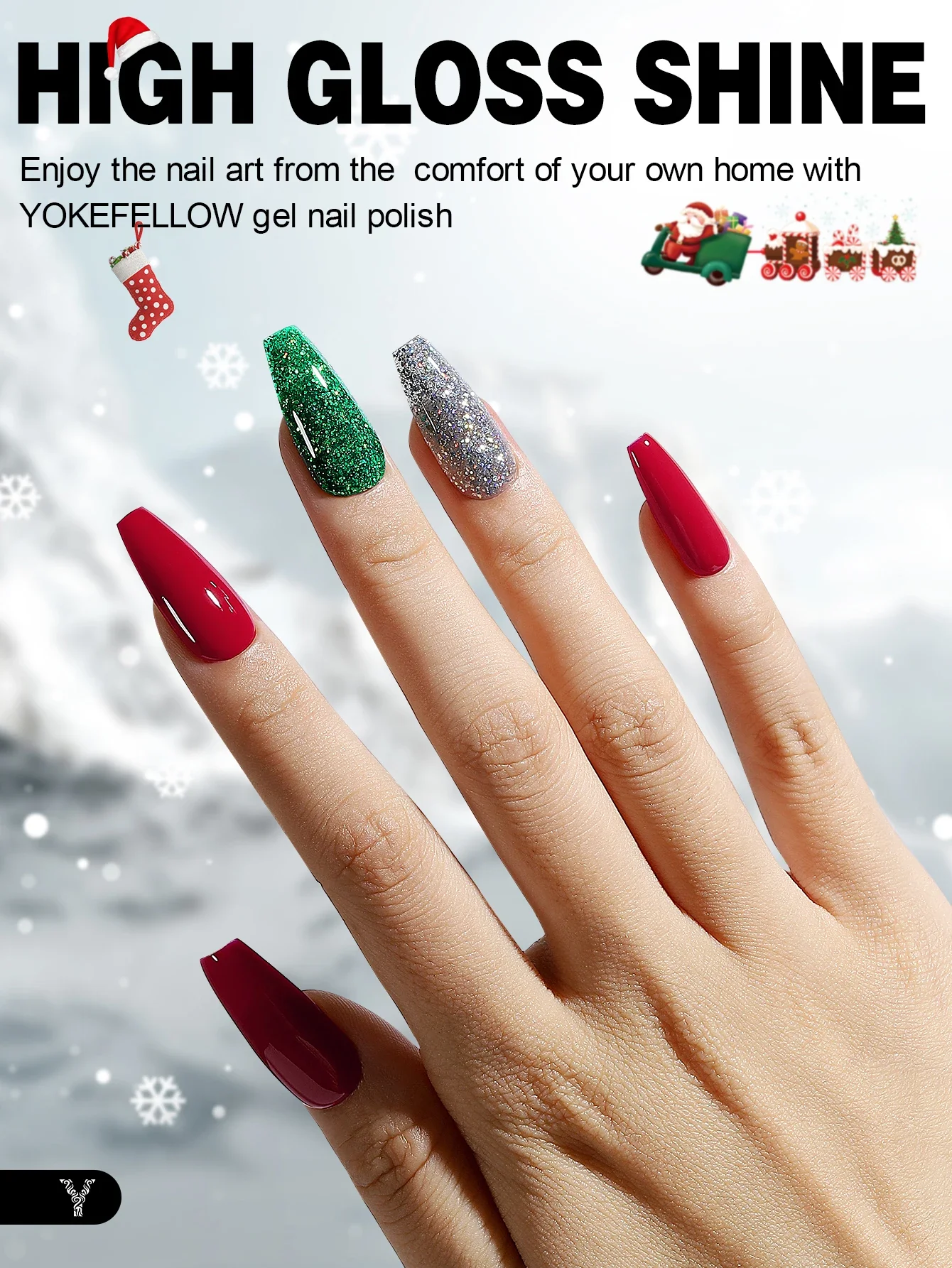 YOKEFELLOW Multi-color Glitter Gel Polish Red Green Gold Silver Soak-off LED Gel Nail Polish for Home Salon Manicure Design Gift