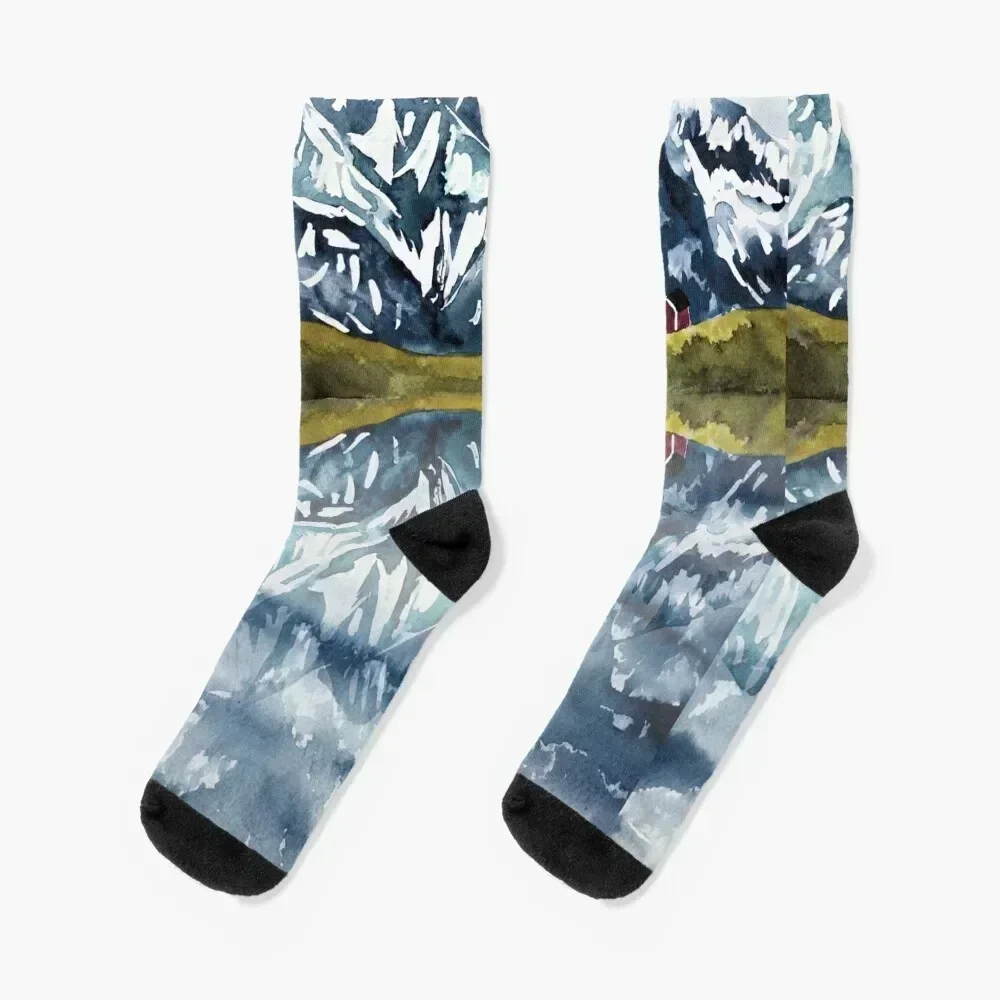 

Norway fjord watercolor Socks essential luxe football Christmas Mens Socks Women's