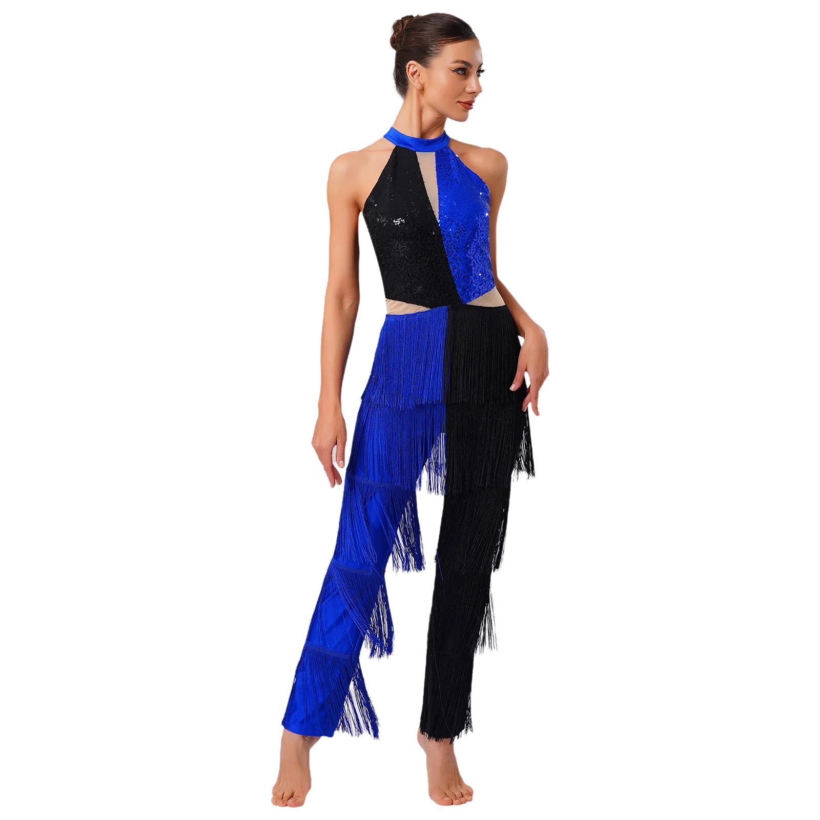 Womens 70s Disco Shiny Sequin Tassel Fringe Long Pants Jumpsuit Latin Ballroom Tango Dance Performance Costume Bodysuit Clubwear