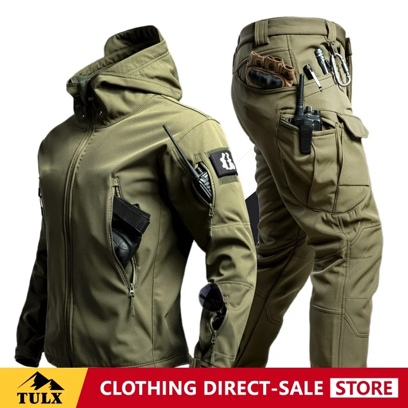 American Functional Winter Outdoor Tactical Assault Fishing Loose Camouflage Suit Set Men Windproof Waterproof Jacket Fleece