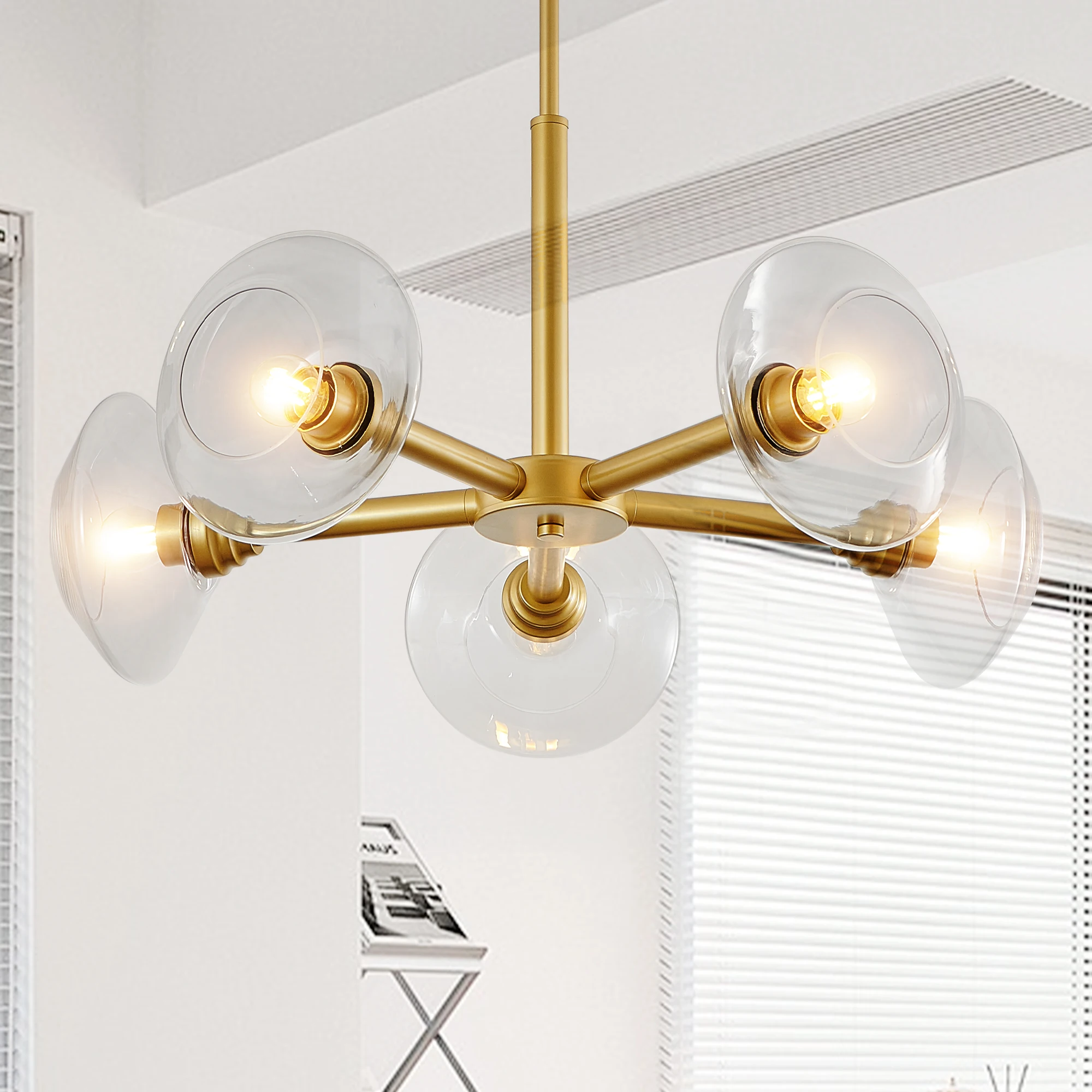 5-Light Modern Gold Chandelier with Clear Glass Shades, Mid-Century Hanging Pendant Light Fixture(Bulb Not Included)