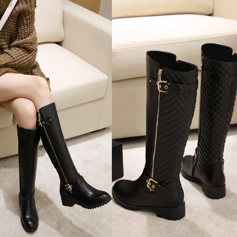 2024 New Antumn Winter Women Long Boots Plus Size 22-27 Cm Grid Splicing Side Zip Fashion Knee High Boots Women Modern Boots