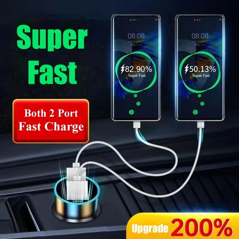 240W Car Charger Dual USB Ports 120W Super Fast Charging with Digital Display Quick Charging Adapter for IPhone Samsung Xiaomi