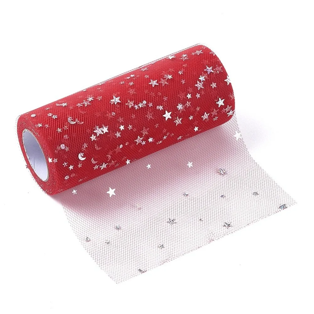 1 rollo de cintas de malla decorativas con lentejuelas brillantes, tela de tul, rollo de tela de tul para hacer faldas, patrón de luna y estrella, color rojo