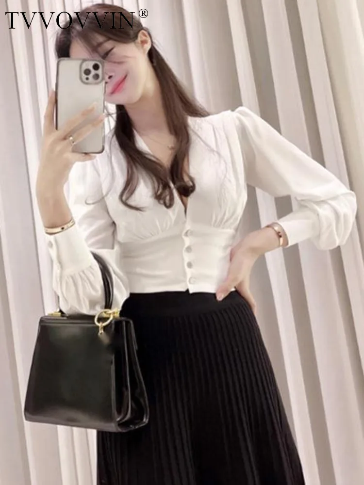 TVVOVVIN 2022 New Korean Women's Slim High Waist Short Sexy Deep V-Neck Long Sleeve Shirt Fashion Slim Sweet Blouse 5XJP