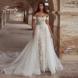 Detachable Train Mermaid Wedding Dress Embroidered Lace On Net With Ball Gown Boat Neck Sleeveless Customized Vestido De Novia