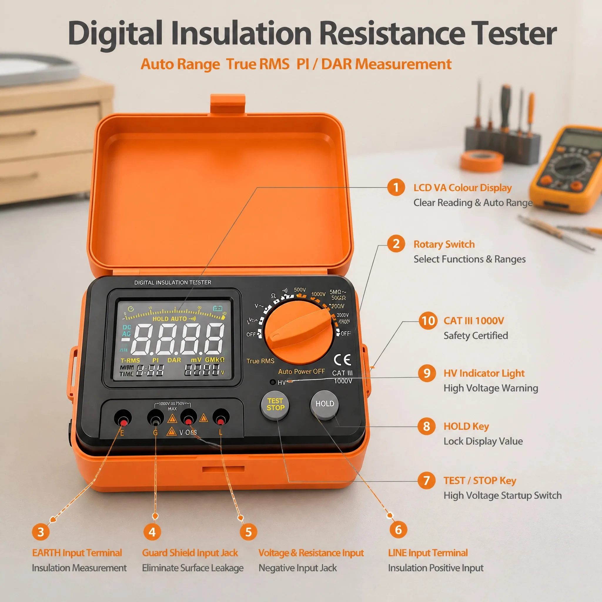 Auto Range Digital Insulation Resistance HoldPeak-67A Tester 250V-1500V AC/DC Voltage Resistance with LCD Display Data Hold