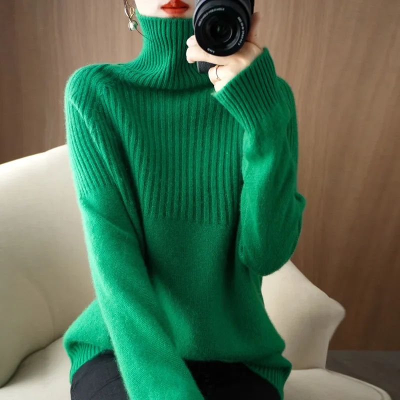 Frauen Lose Faul Stil Langarm Overhead Gestrickte Basis Shirt Einfarbig Volle Hülse Herbst Winter Dicke Hohe Kragen Pullover