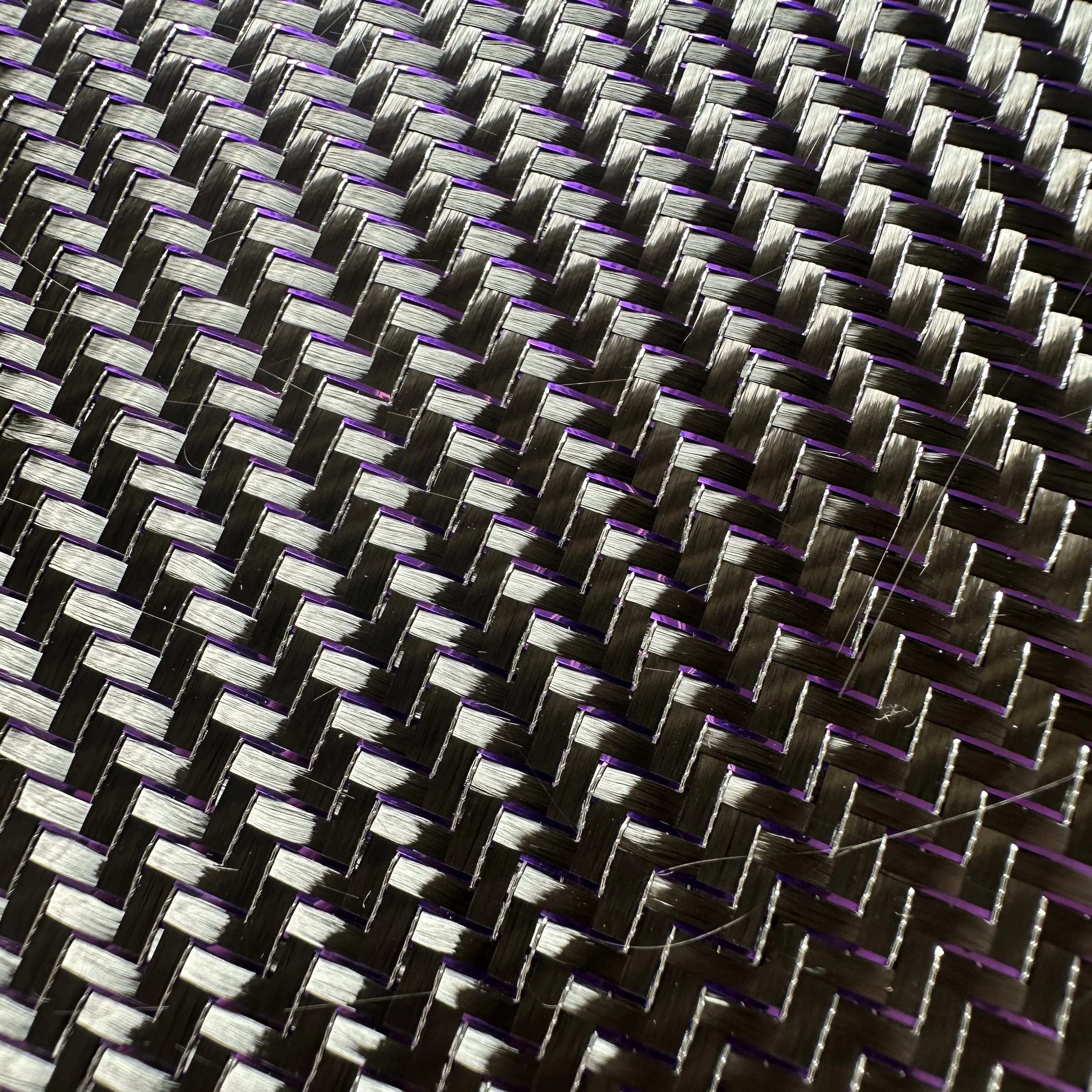 

3K 200g 2x2 twill plain weave real carbon fiber mixed with metal wire woven small-sized sample purple thread fabric