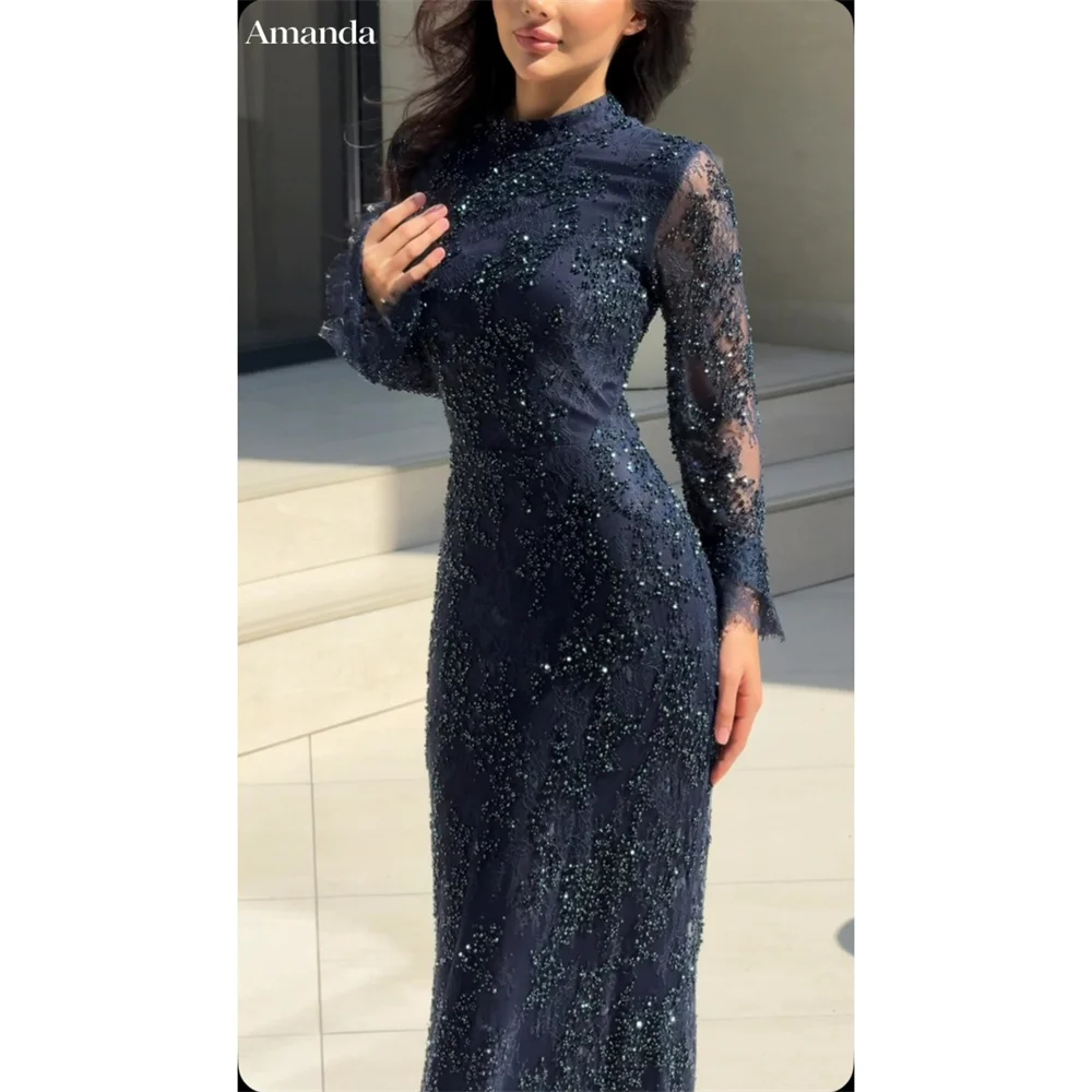 Amanda Customizd High neck Long sleeve Lace Mermaid Dress Prom dresses Navy blue Floor‑length Beaded Modest Women's dress 2026