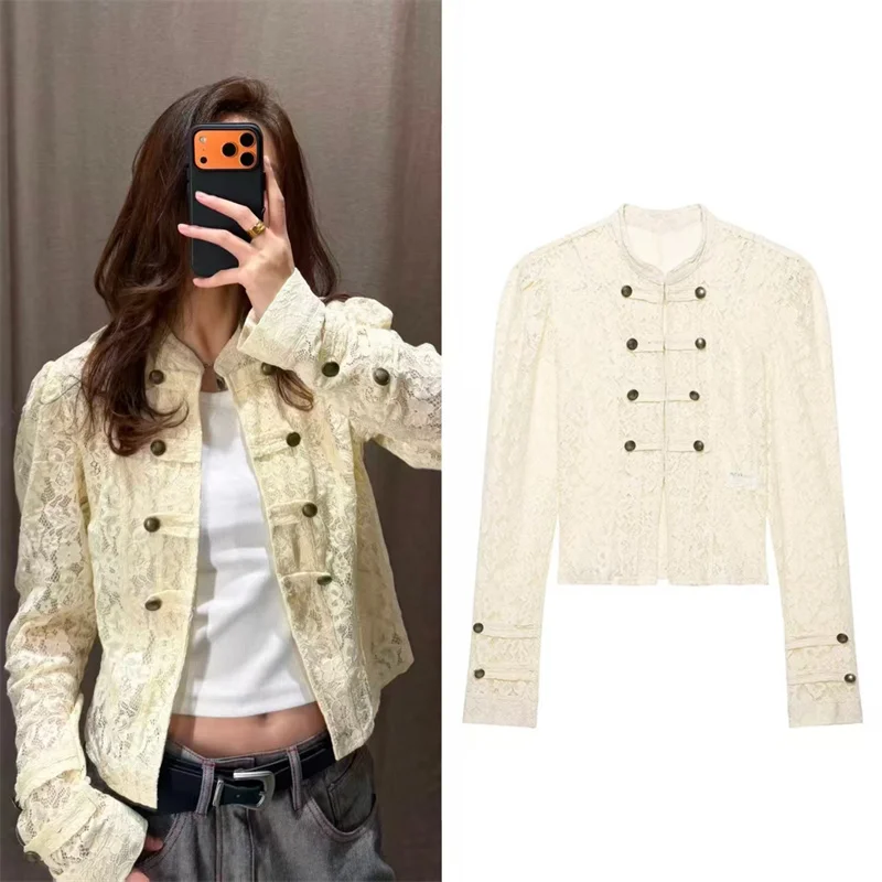 Guobioziy 2026 Fall New Arrival Women's Jacket Light Yellow Long Sleeve Lace Knot Button Decorative Slim Jacket Elegant