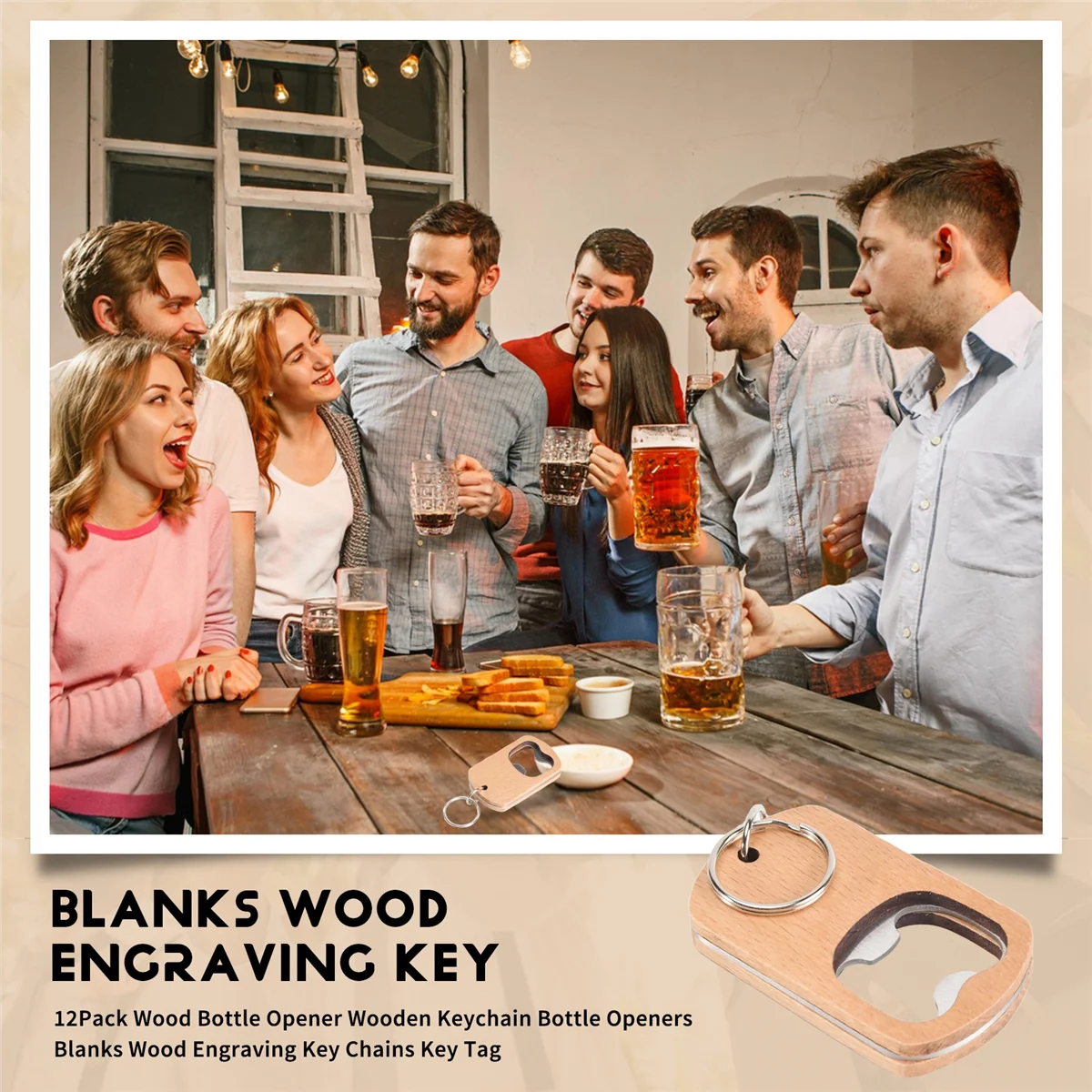 

BVBV 12Pack Wood Bottle Opener Wooden Keychain Bottle Openers Blanks Wood Engraving Key Chains Key Tag for Home Kitchen Party
