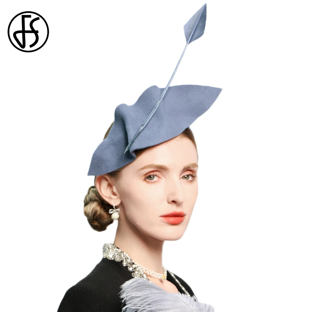 FS Vintage Feather Fascinators Hats For Women Elegant Blue Formal Church Headwear Wedding Cocktail Tea Party Hat Chapeau Femme