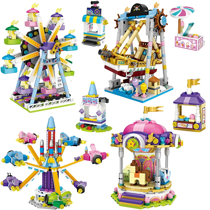 

Amusement Park Equipment Rotating Ferris Wheel Building Blocks Street View Carousel Pirate Ship Bumper Car Bricks Toys For Girls