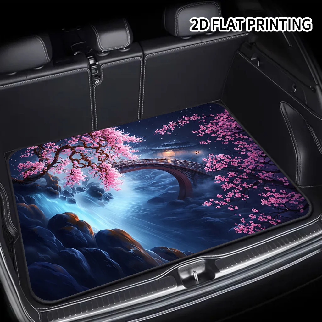 1pc Cherry Blossom Bridge Scene + Chinese Night Scene Pattern Car Trunk Mat, Suitable For Sedans, Trucks, And Suvs, Car Addition