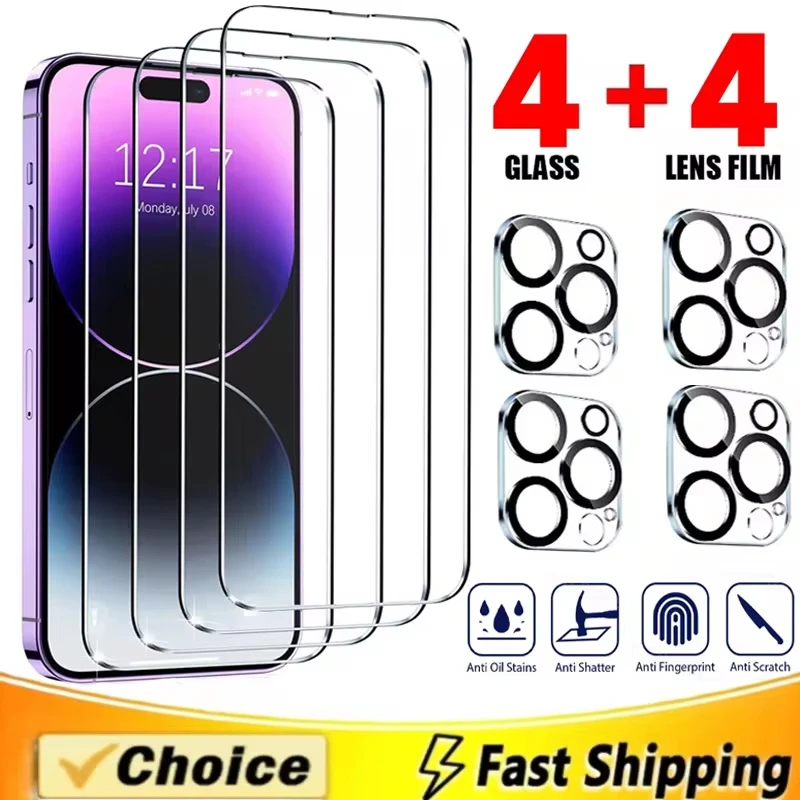 8-in-1 Full Cover Tempered Glass for iPhone 16 15 13 11 12 14 Pro Max Screen Protector for iPhone 15 16 Plus Camera Lens Glass