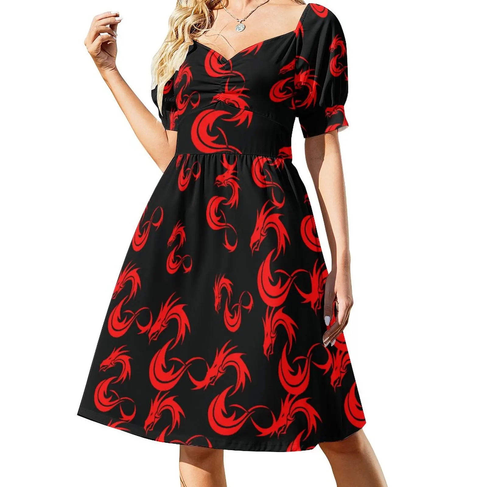 

Red Dragon Casual Dress Aesthetic Dresses Sexy V Neck Trendy Custom Dress Large Size