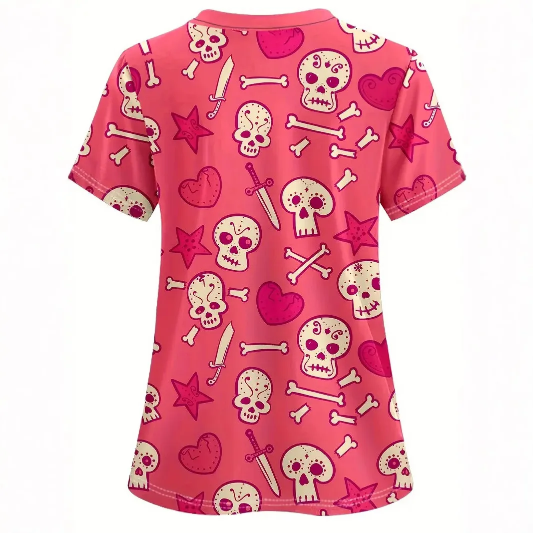 Ladies' pink V-neck pullover short sleeved T-shirt care outfit European and American romantic Halloween love skull 3D print