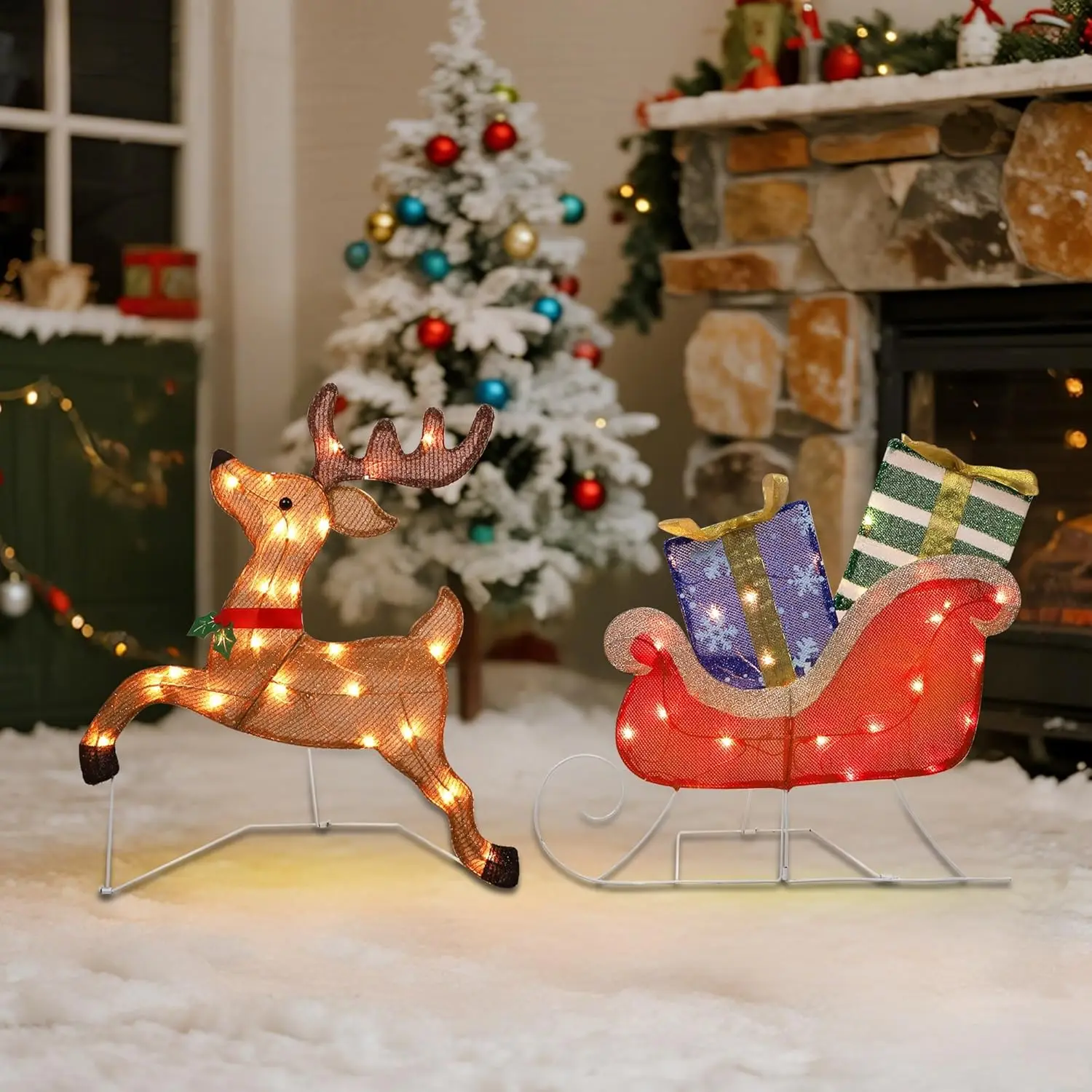 زينة عيد الميلاد المضاءة 25 بوصة × 44 بوصة الرنة، 50 مصباحًا لعيد الميلاد الرنة مع مزلقة وصناديق هدايا، ديكورا مضيئة