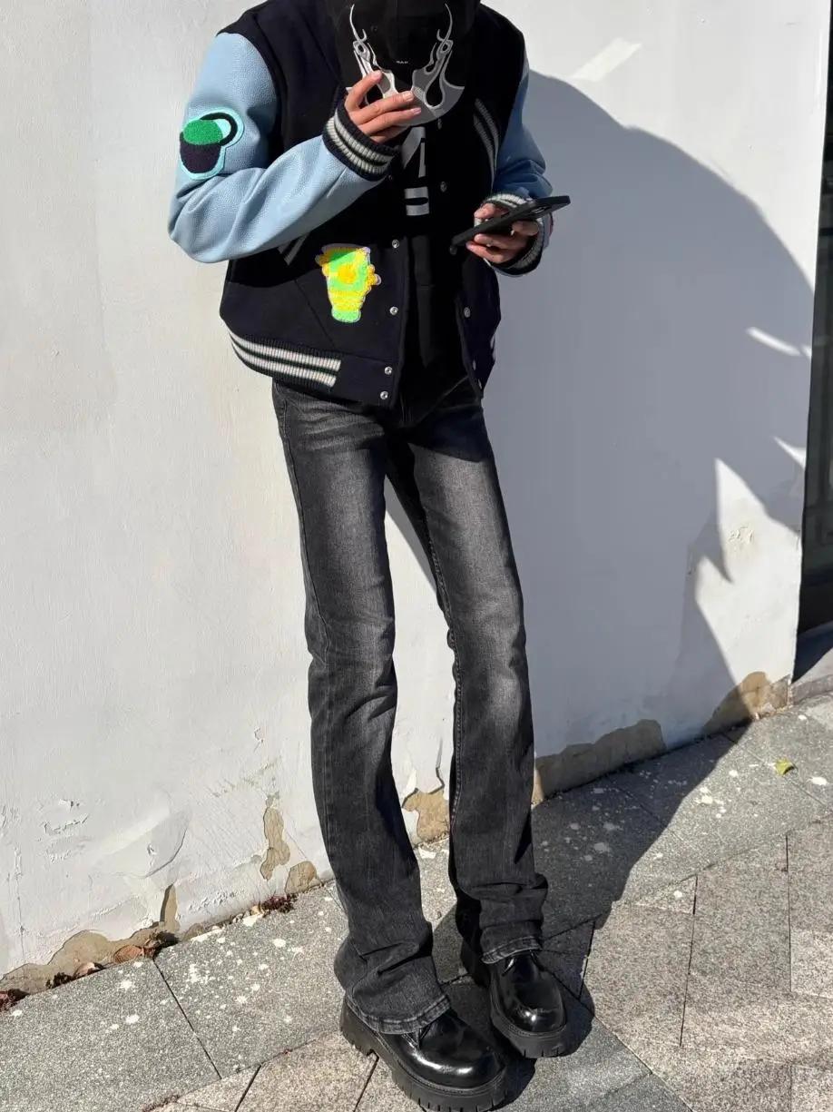 

American Vibe Retro Jeans Men Straight Leg Micro Flared Cleanfit Slim Long Pants Youth Casual Wear Four Seasons