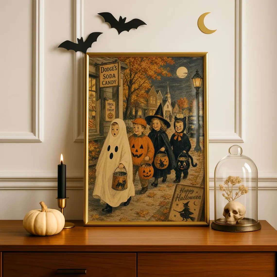Trick or Treat Kids Nursery Halloween Print, Vintage Pumpkin Ghost Witch Wall Art