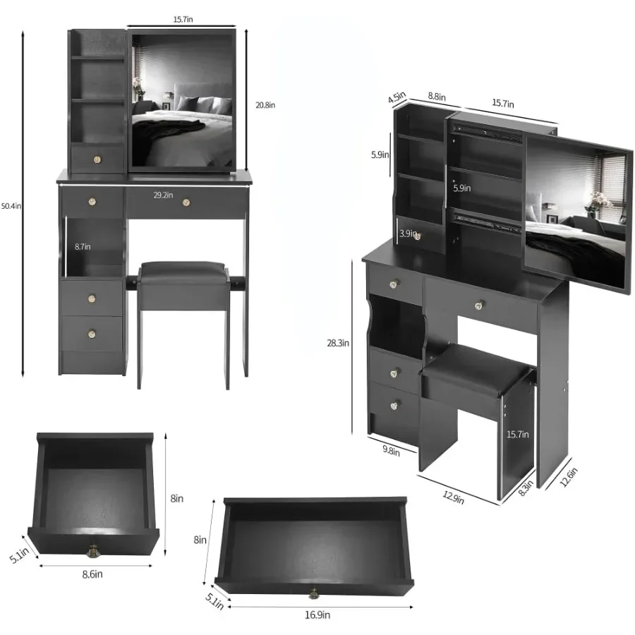 29.2 Small Space Vanity Table Set with Left Drawer Cushioned Stool, Large Right Sliding Mirror, Multi-Layer Storage Ideal for T