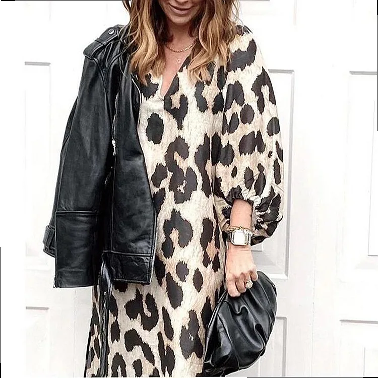 Long V-Neck Loose Lantern Sleeve Leopard Print Dress Maxi Dresses Spring Summer