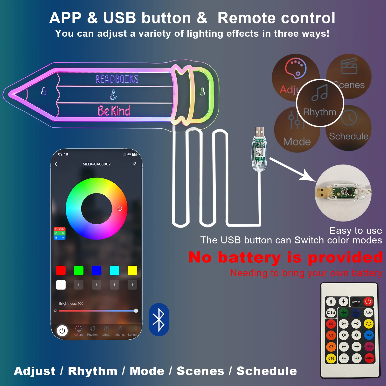 Read Books Be Kind Neon Sign LED Lights Pencil Shaped Signs Room Decoration Home Bedroom School Classroom Library Study Club