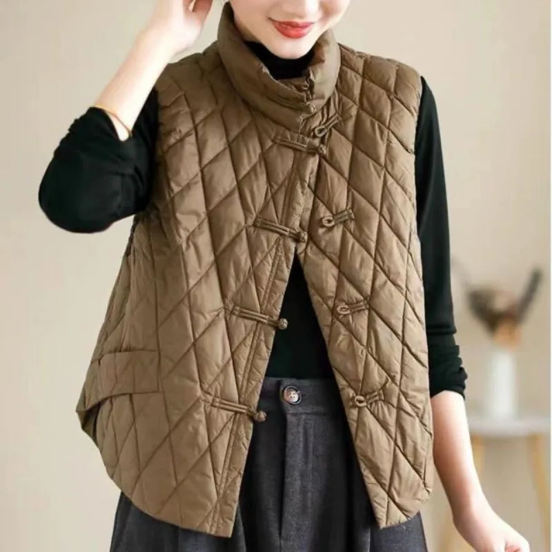 Autumn Winter Women Clothing Vests Sleeveless Quilted Jacket Vintage Lightweight Cotton Jacket Warm Design Waistcoat Cardigan