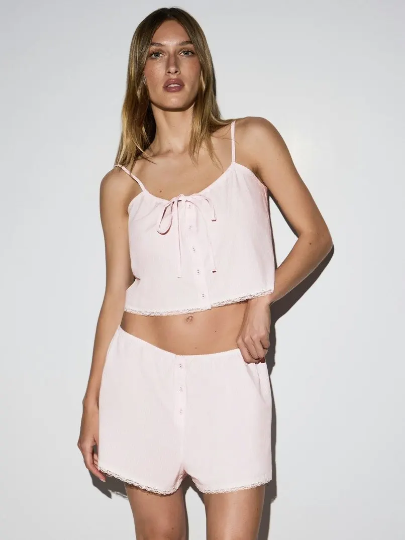 

Fashionable Striped Button-Up Lace Trim Belted Slimming Crop Top And High Waist Pants Set Women's Summer Elegant Style Ensemble