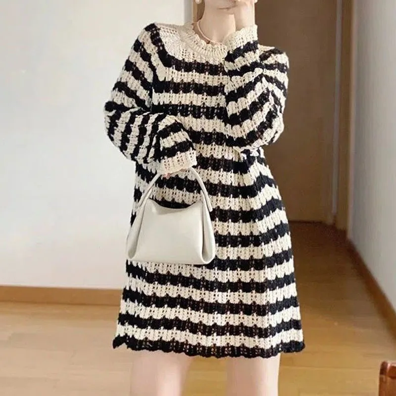 Trend Striped Hollow Out Loose Knitted Dresses Autumn Winter Women\'s Clothing Fashionable Korean Round Neck Long Sleeve Dress