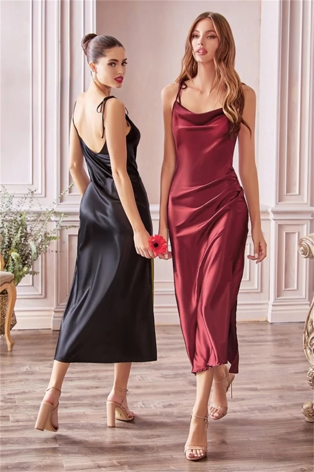 MisShow Xanh Lá Cây Xô Thơm Cowl Neck Tie Dây Đeo Satin Bãi Biển Mùa Hè Midi Phụ Nữ Ăn Mặc Sexy Slit Ngắn Evening Dresses Đảng Đối Với phù Dâu