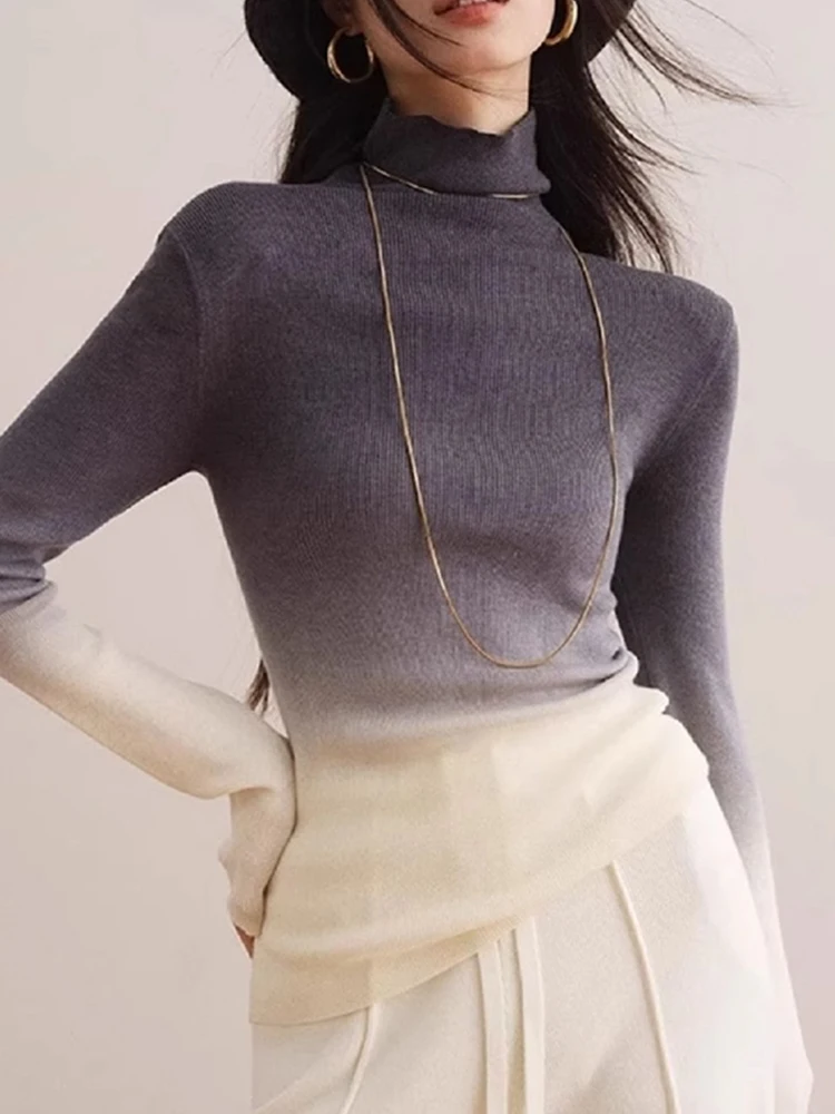 

aduated Color Design High Collar Long Sve Knitted Sweater Autumn Slimming Versatile Base irt Ele Overhead Top