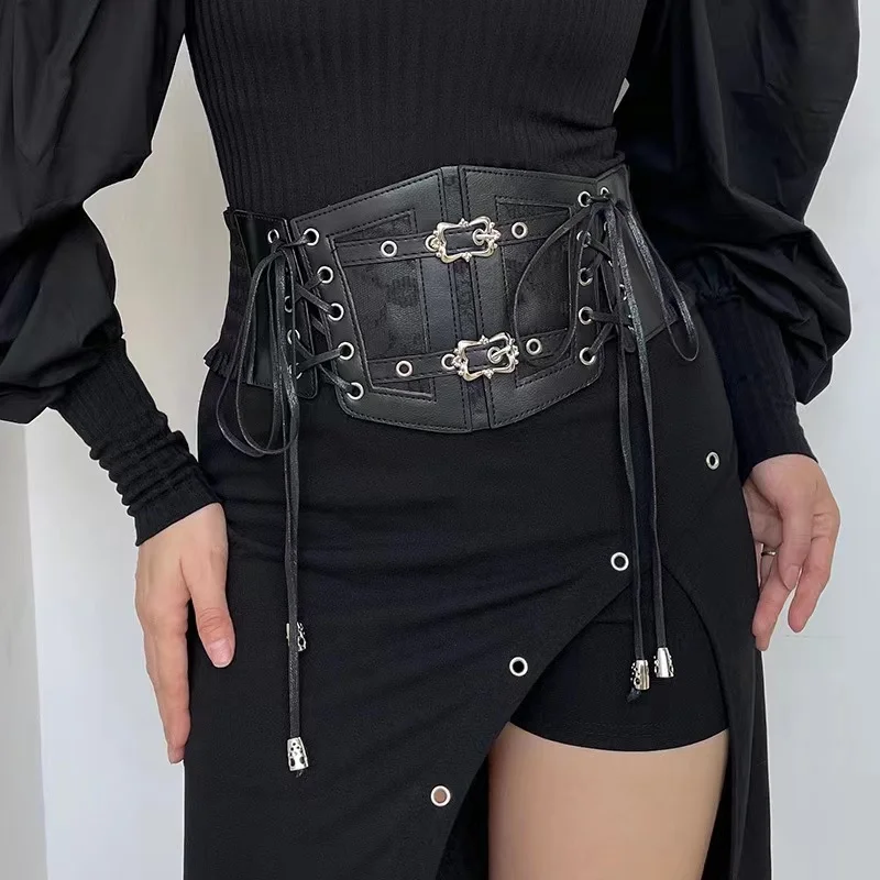 Lace straps, leather waist closure, women's decoration, shaping body, waist closure, black European and American vintage metal