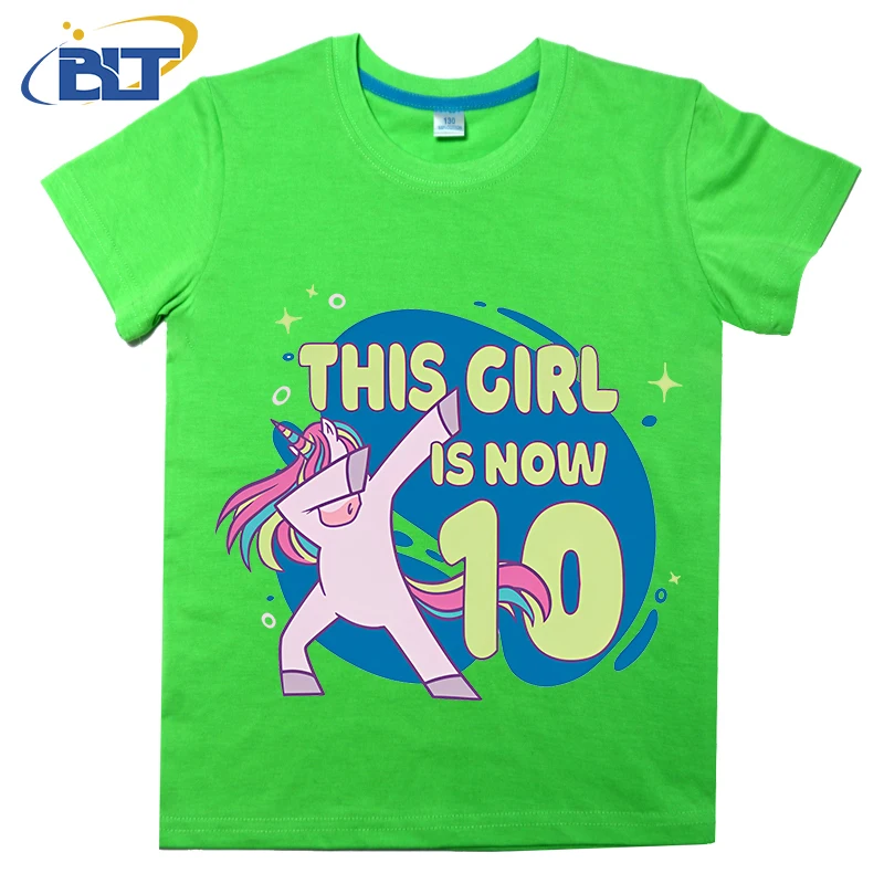 T-shirt bonita estampada unicórnio para crianças, top casual de manga curta, adequado para meninos e meninas, 10 ° aniversário, verão, algodão