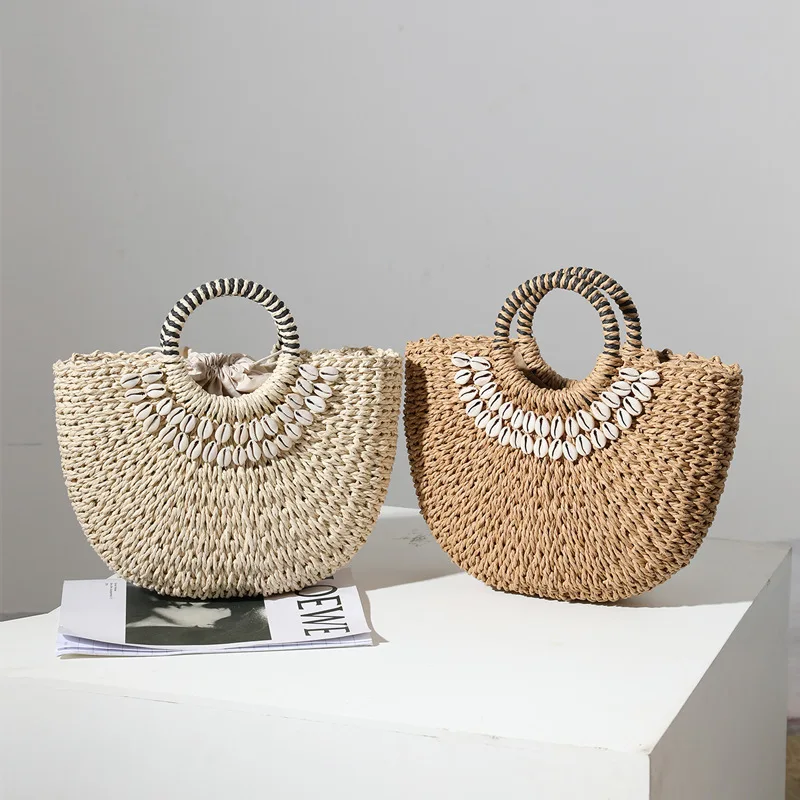 

New Retro Straw Bag Hand-held Semi-circular Shell Handmade Straw Bag Woven Bag Women's Seaside Holiday Beach Bag Storage Basket