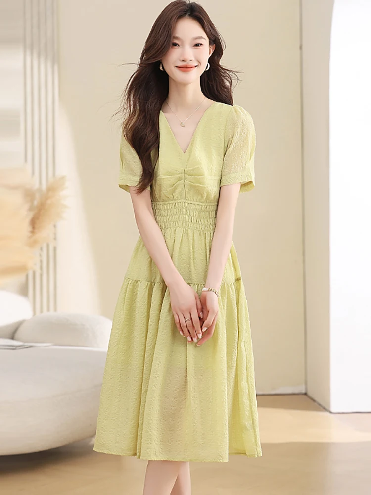 Vrouwen Groene Chiffon Geplooide Bodycon Midi Jurk Zomer Korte Mouw V-hals Casual Jurk 2025, Koreaanse Mode Elegante Avondjurk