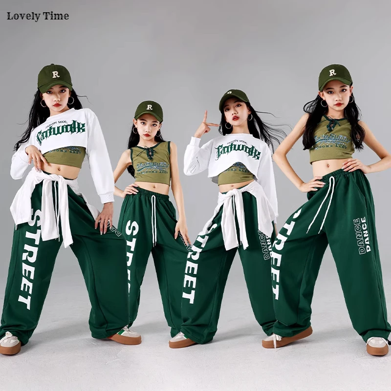 Hip Hop Girls K-pop Crop Top Cool Letters Green Sport Joggers Pants Clothes Set Children Streetwear Kids Jazz Girl Group Costume