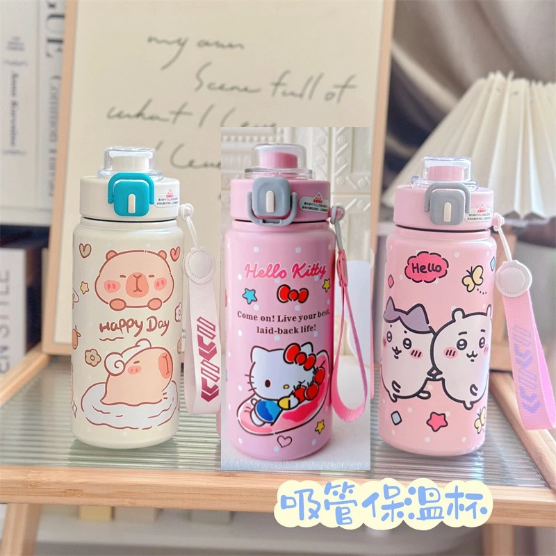 

Popular anime Chiikawa insulated cup，316 stainless steel, student large capacity straw drinking cup, portable with wrist strap