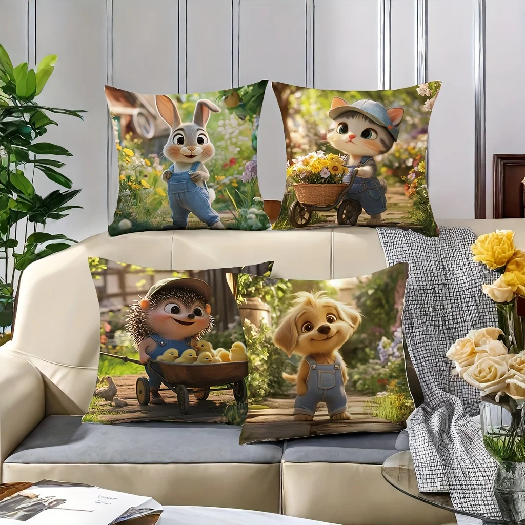 4-Piece Spring Floral Printed Pillowcase Set – Cute Bunnies, Puppies, Kittens & Hedgehogs on Light Background