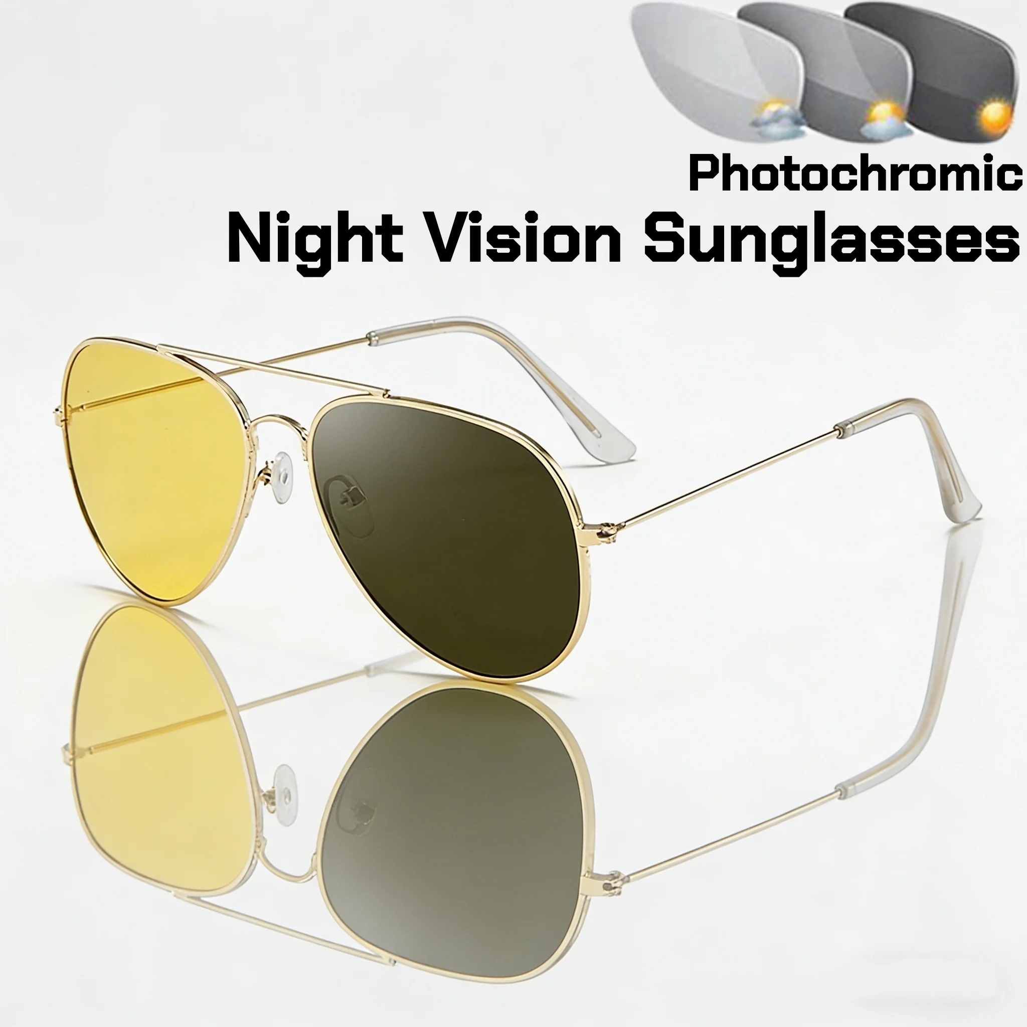 

Retro Metal Frame Yellow Lens Night Vision Sunglasses Men Oversize Night Driving SunGlasses Outdoor UV400 Color Changing Goggles