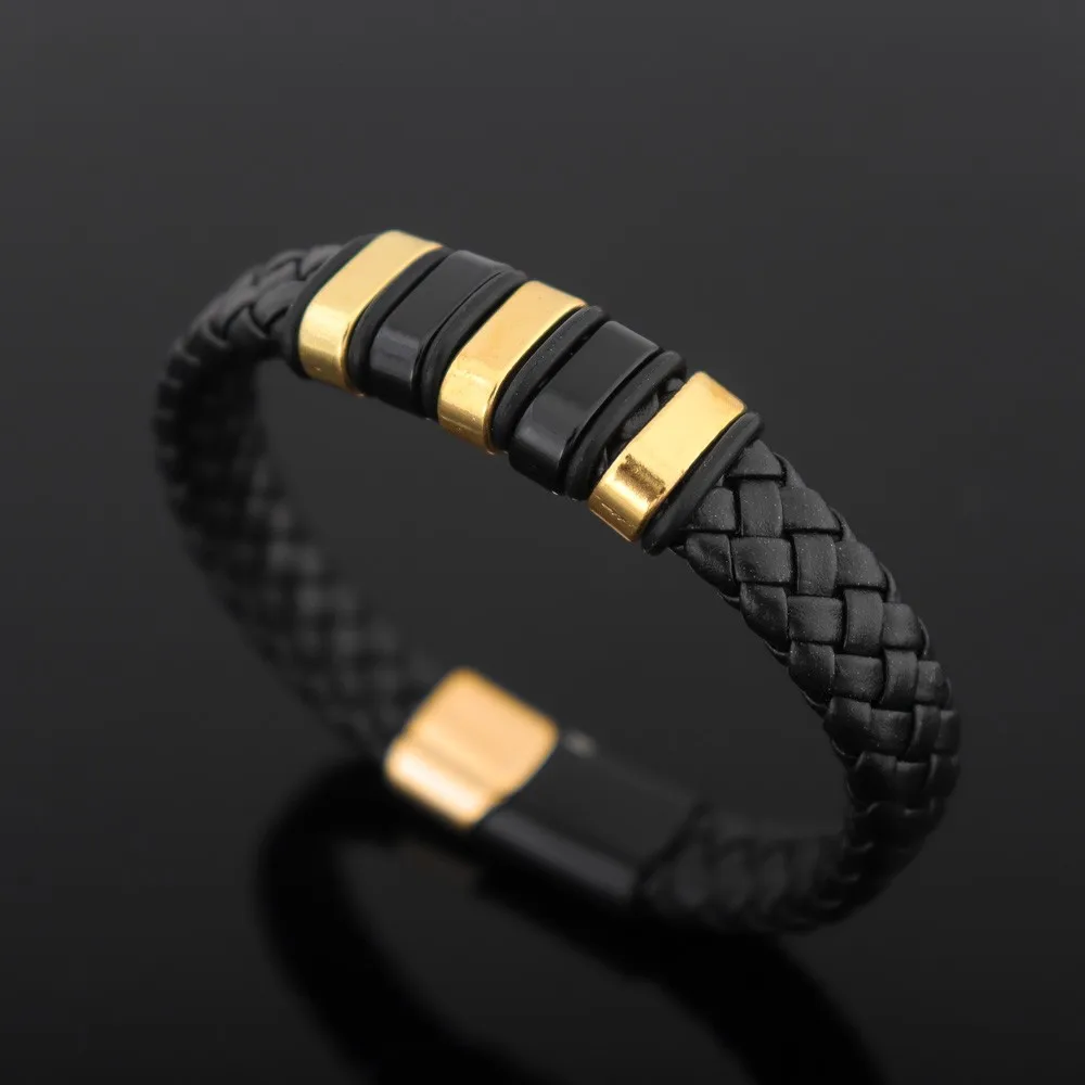 Fashion Braided Wrap Rope Black Leather Bracelets For Men Simple Stainless Steel Charm Vintage Magnet Clasp Bangles Jewelry Gift