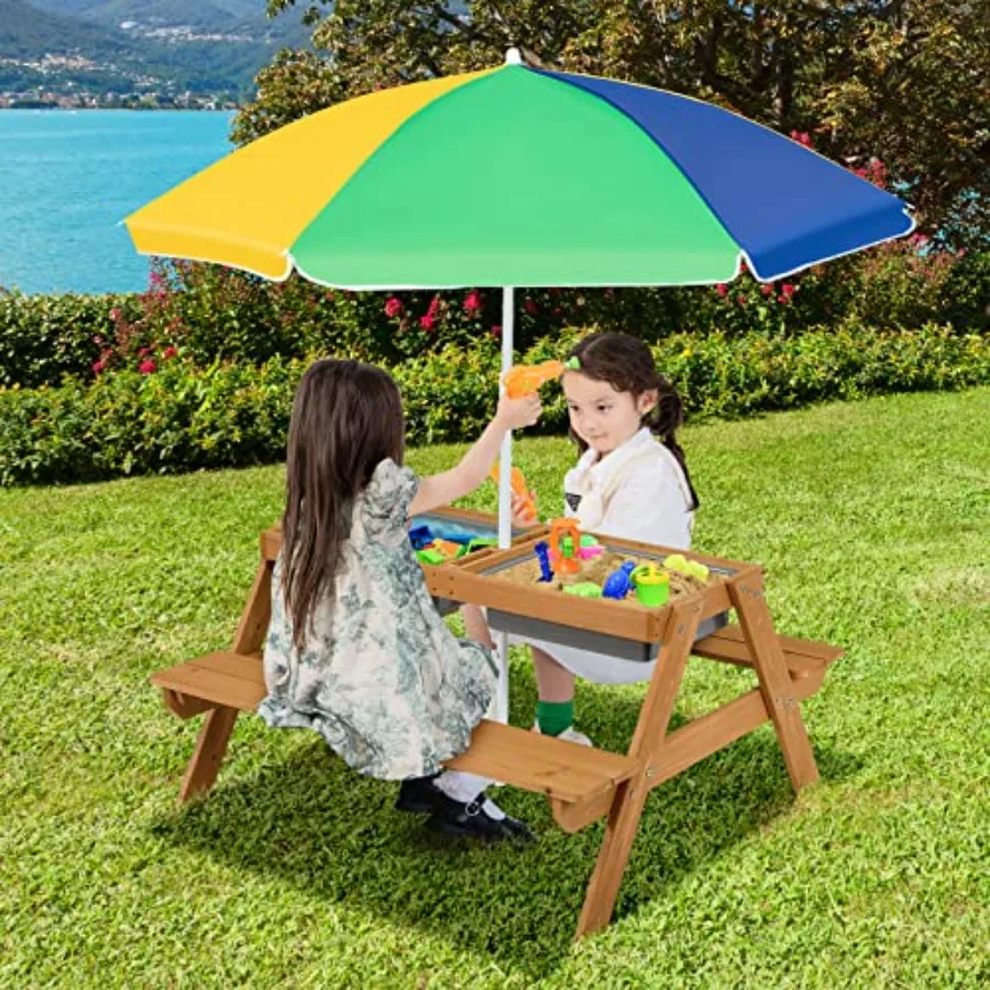 3-in-1 Picnic Table for Outdoor Patio Backyard, Wooden Sand and Water Table with Removable Adjustable Umbrella, Removable Sand