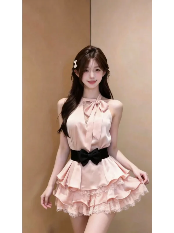 Fashionable Lace  Knot Two-Piece Set Hanging Neck Sleeveless Pure Color Top High Waist Short Skirt Anti-Wrinkle Summ...