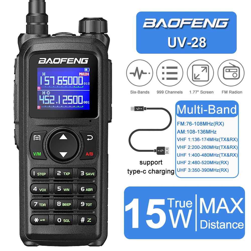 Baofeng 2025 UV-28 Walkie Talkie 15W Long Range Wirless Copy Frequency Multi Bands Two Way Ham Radio Type C Transceiver FM Radio