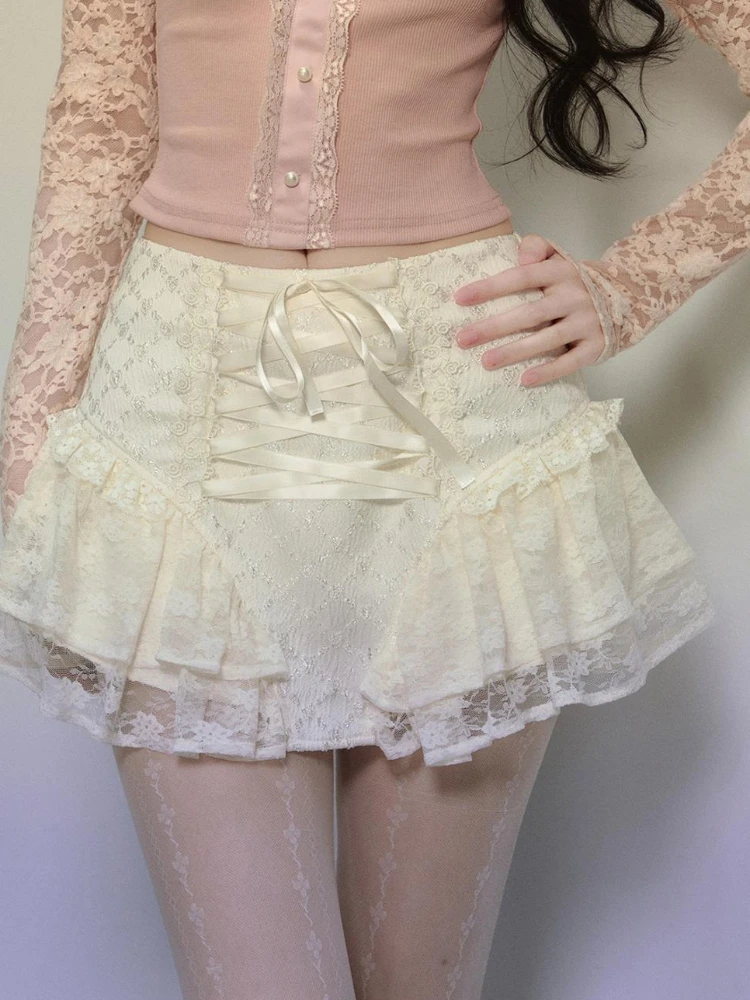 Japanese New Sweet Lolita Solid Cake Mini Skirt Women Bow Lace Patchwork Short Skirt Girls Kawaii Y2k Style Chic Harajuku Skirts