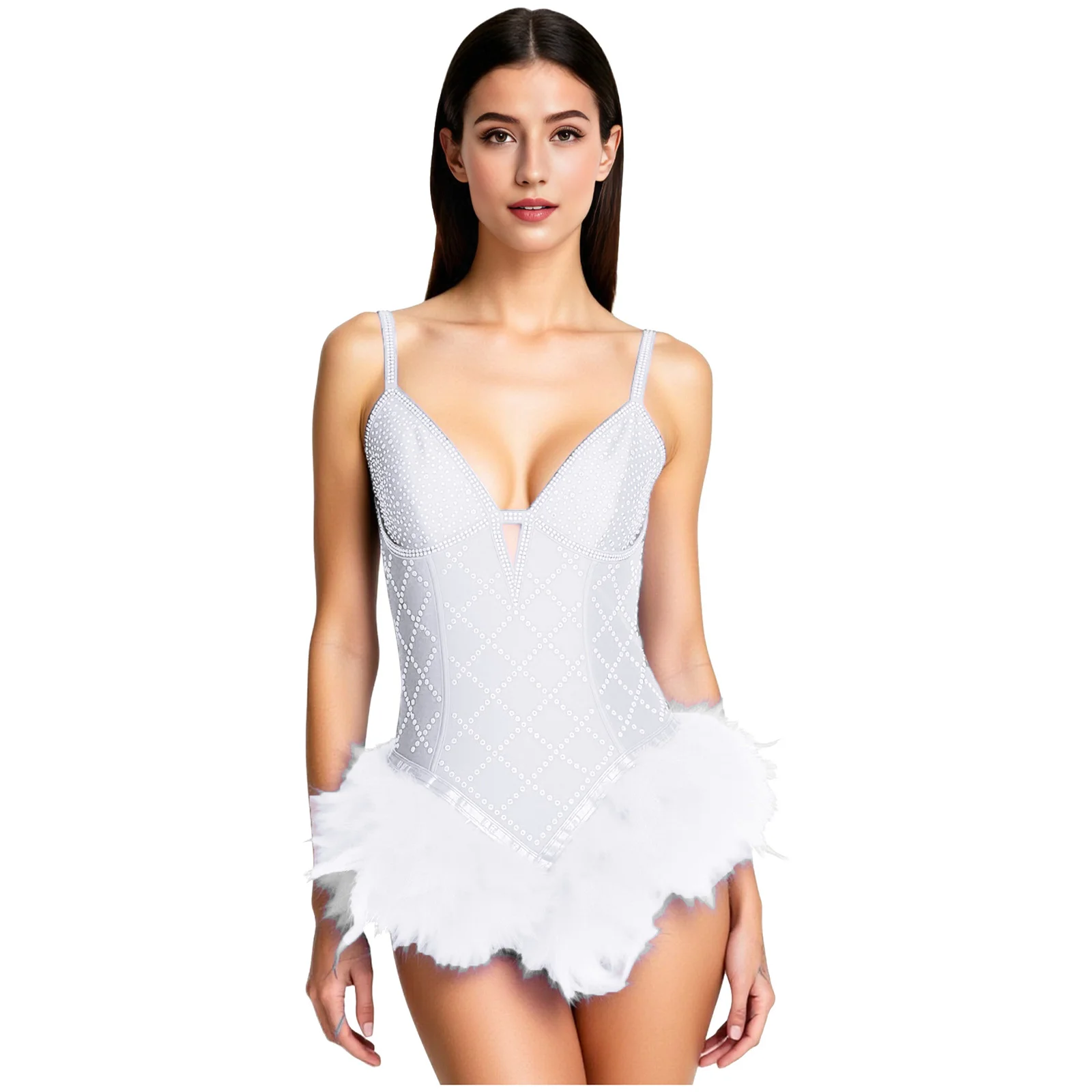 

Women Lyrical Modern Ballet Tutu Feather Dance Leotard Adjustable Spaghetti Straps Bodysuit for Jazz Waltz Performance Bodysuit
