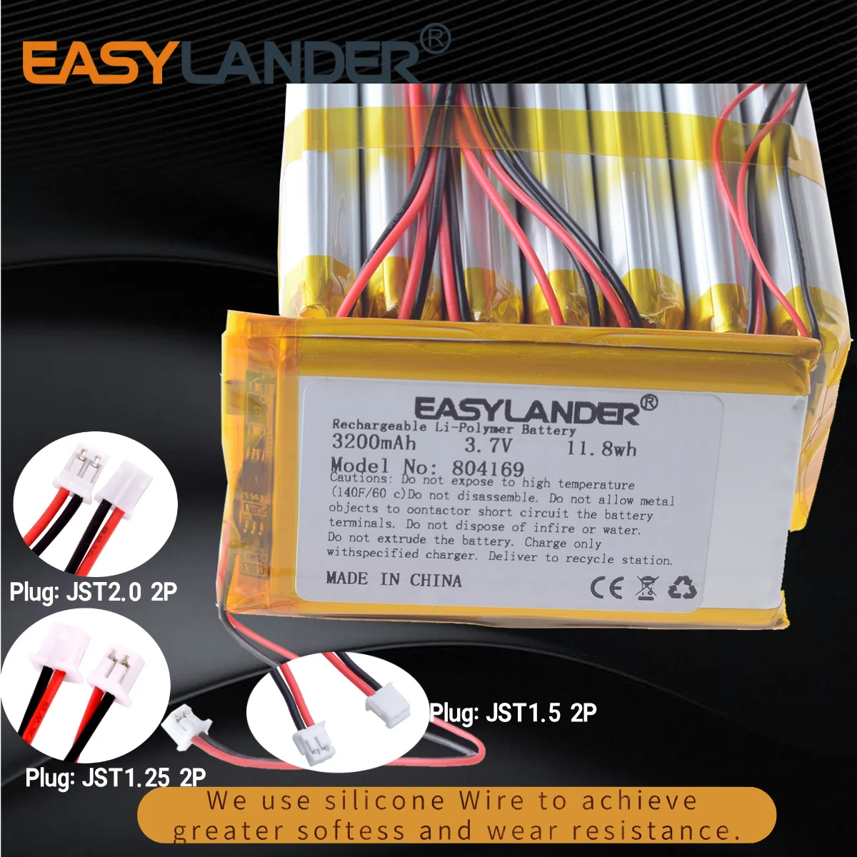 Silicone Wires 804169 3.7V 3200mAh Lithium Polymer Battery  JST2.0 2P JST1.25 2p
