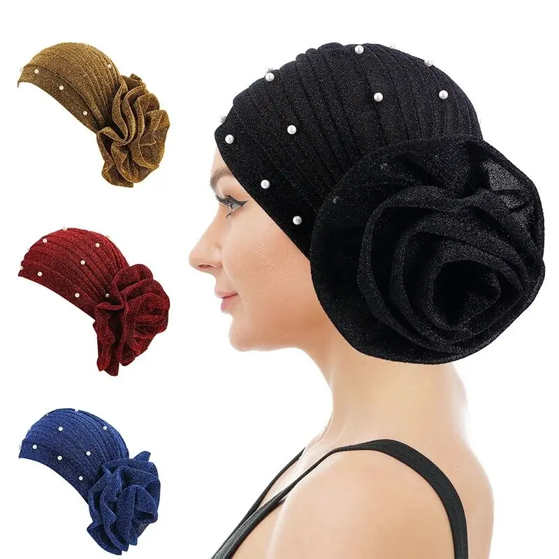 

New Glitter Flower Turban Caps Women African Headwrap Pearl Muslim Hijabs Bonnet Chemo Cap Hair Loss Turban Headscarf Indian Hat