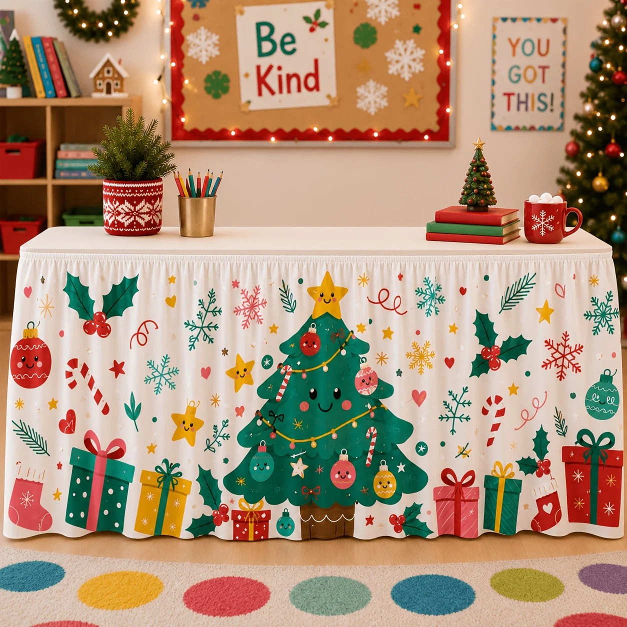1 tablecloth table skirt, cute cartoon Christmas table skirt, including happy Christmas tree, gift box, candy canes